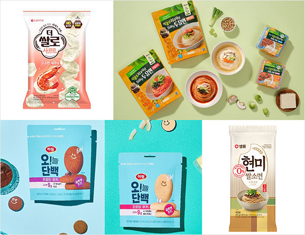 업계는 밀가루를 넣지 않은 글루텐프리(gluten free) 쿠키와 빵, 면 제품을 강화해 나가고 있다. 사진은 (왼쪽 상단부터 시계방향으로) 롯데웰푸드의 ‘더쌀로 사르르 고소한새우맛’, 풀무원의 ‘식물성 지구식단 Silky두유면’, 샘표 ‘현미쌀소면’, 하림의 ‘오!늘단백 프로틴 쿠키’. (사진=각 사)